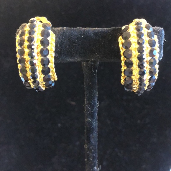 Jet Black Austrian Crystal 1/2 Hoop Earrings, Boutique - Picture 4 of 6